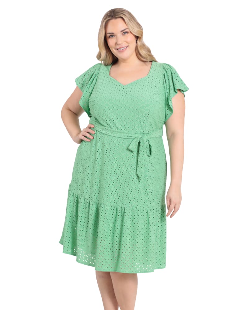 Front of a model wearing a size 24W Diamond dot embroidered flutter sleeve tiered midi dress in Green by London Times. | dia_product_style_image_id:268533